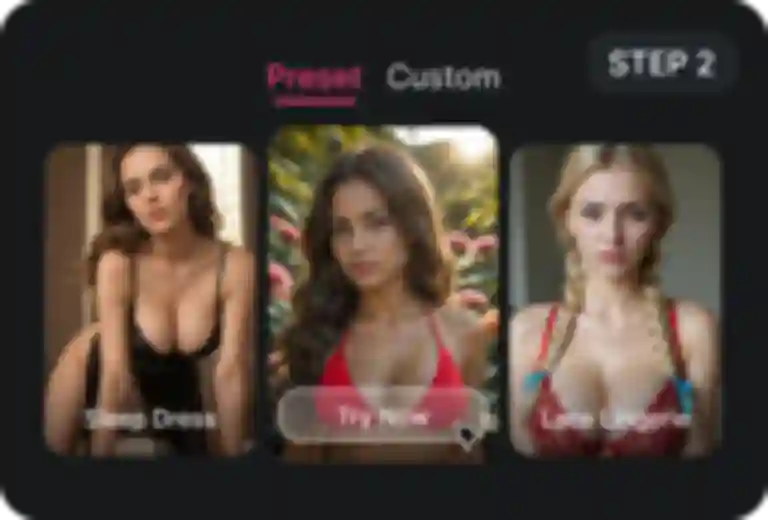 Three preset image effect examples with "Sleep Dress", "Try Now", and "Lace Lingerie" options, plus a Custom tab, showing the interface of step two.