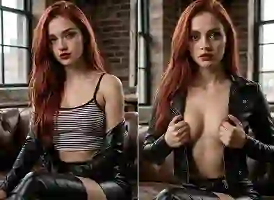 Combined image showing the before and after effect of Undress AI. Left: Woman with pink curly hair wearing a green bra. Right: The same woman fully nude, posing with hands covering her breasts.
