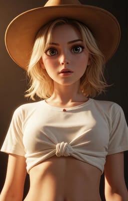 Woman in a wide-brim hat, knotted white crop top, and denim shorts, photographed from a low angle against a dark background. 3D anime style. Style option for AI image generator.