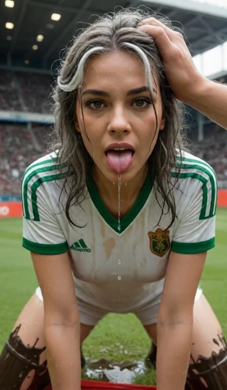 A woman is kneeling on all fours with a lustful expression. A man's hand is pulling her hair. Image effect for NSFW image to image tool.