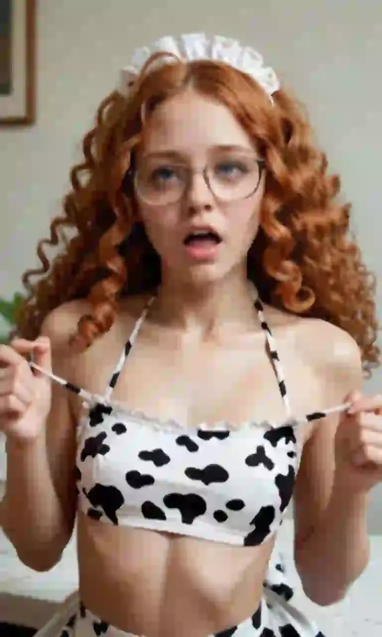 AI-generated image of a woman in a cow-print bikini posing on a bed.